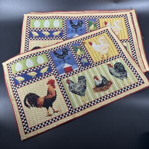 Colorful Block Art Chicken Rooster Woven Tapestry Placemats Farmhouse Set of 6